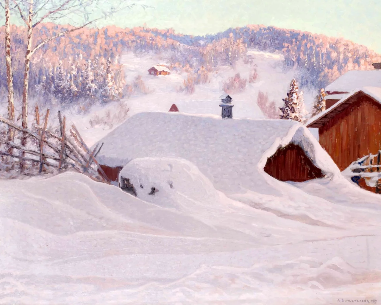 дома, пейзаж, зима, картина, крыши, anshelm schultzberg, сугробы