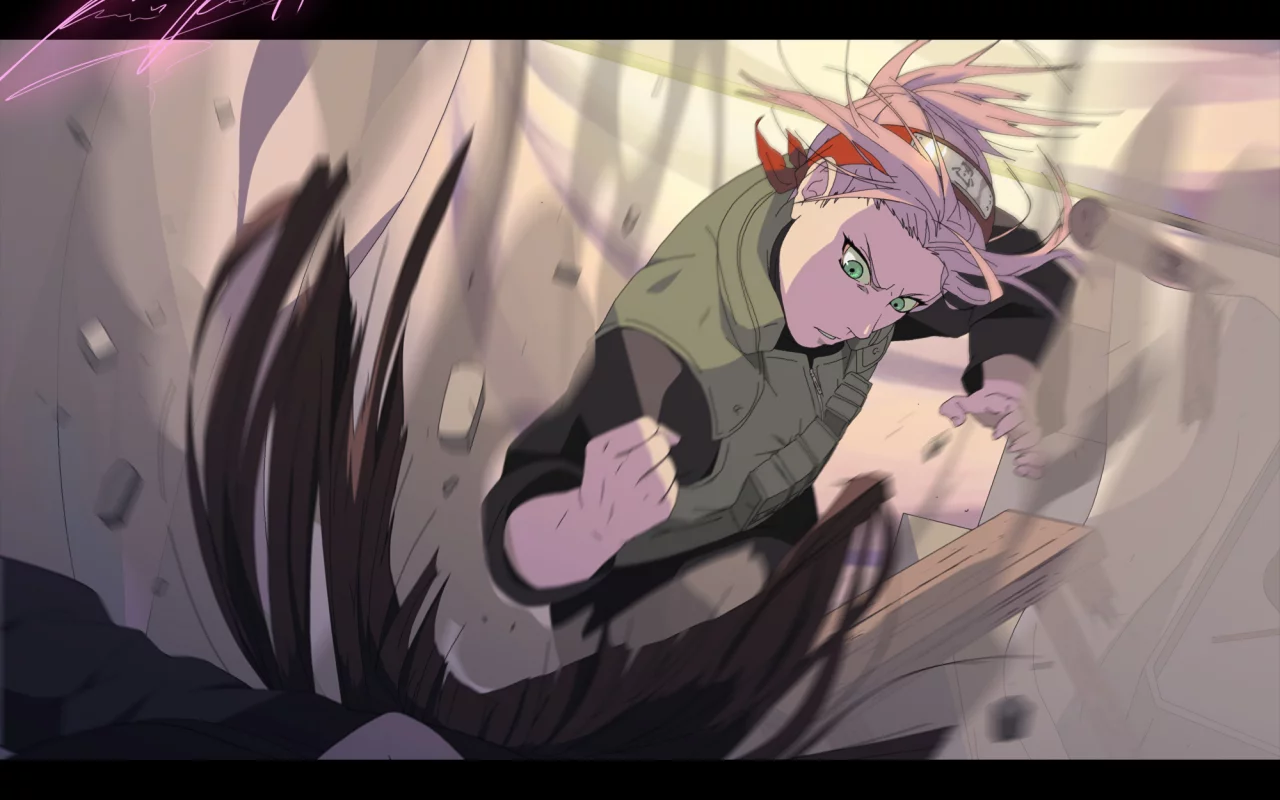 девушка, повязка, sakura haruno, взгляд, пыль, камни, naruto, удар