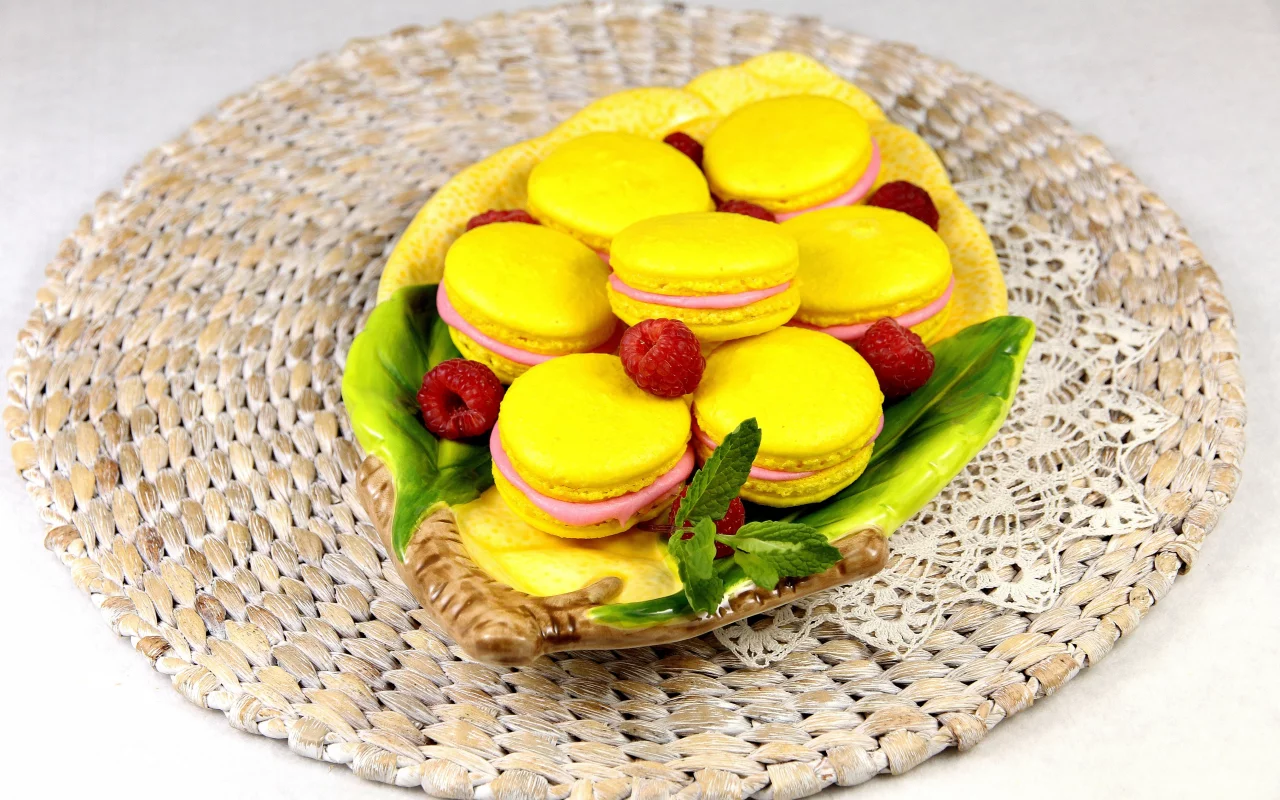 малина, макарун, желтый, еда, ягоды, розовый, macaron