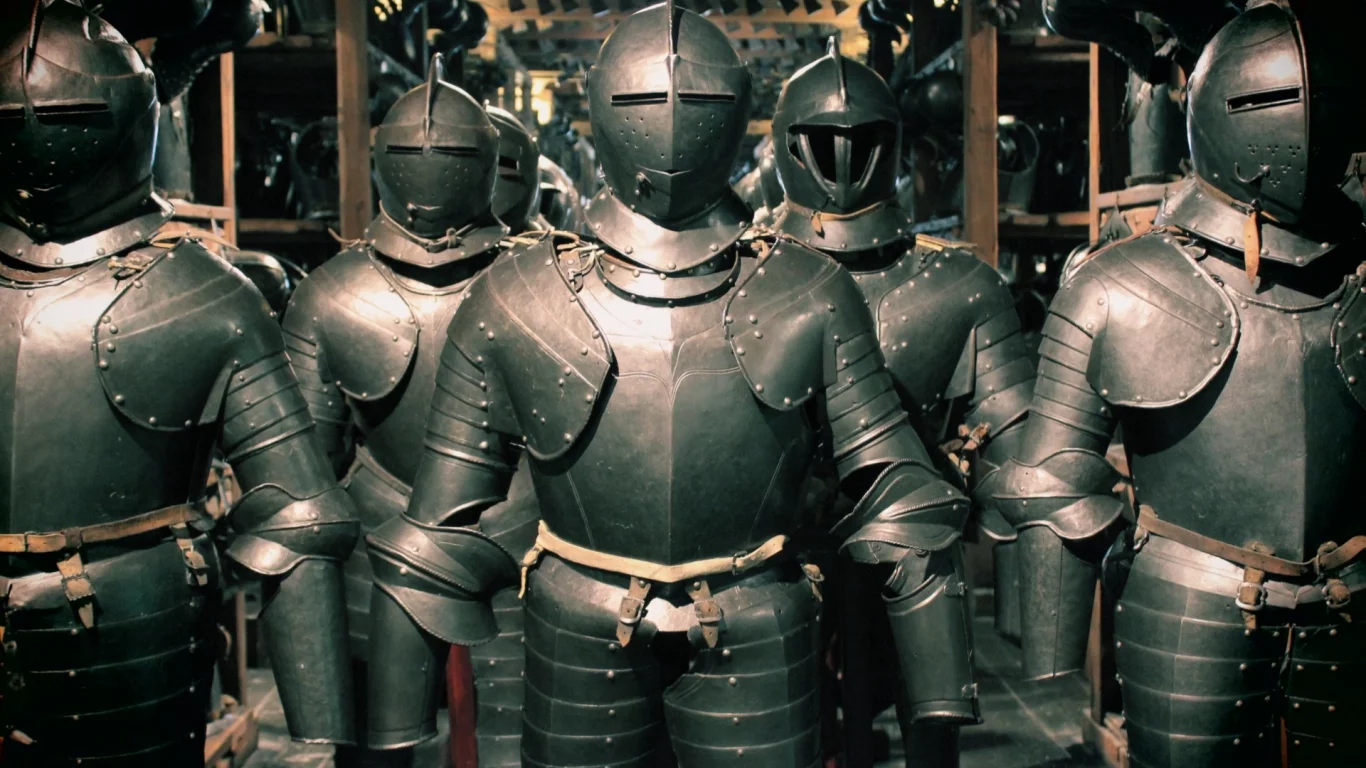 helmet, full armor of battle, leather, metal