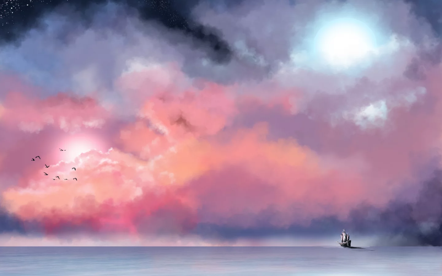 море, корабль, облака, небо, живопись, туман, звезды