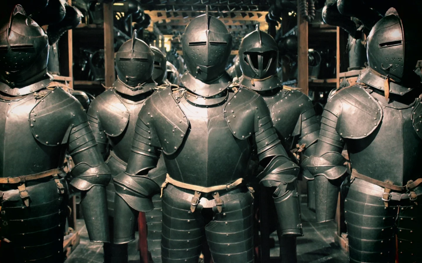 helmet, full armor of battle, leather, metal