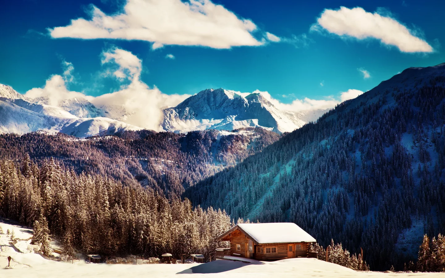 winter, clouds, mountains, blue sky