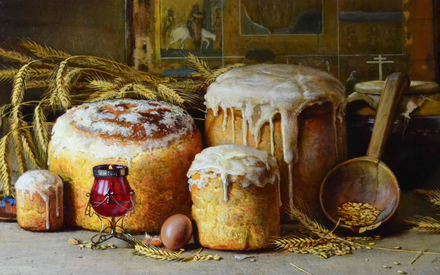 лампада, куличи, кулич, яйцо, икона, пасха, вера