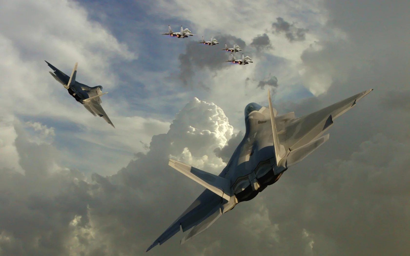тучи, миг-29, f-22, облака, истребители, небо
