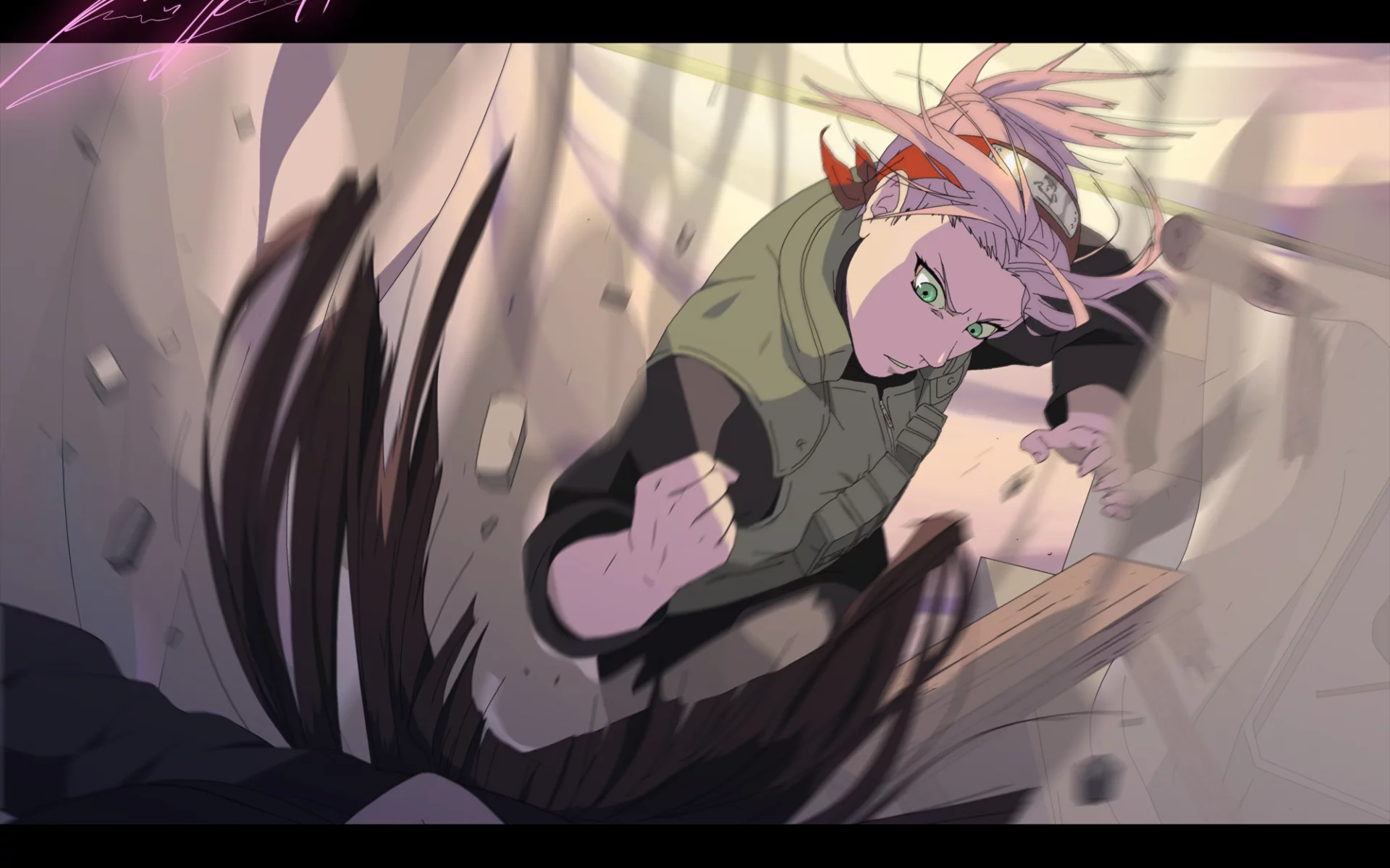 девушка, повязка, sakura haruno, взгляд, пыль, камни, naruto, удар