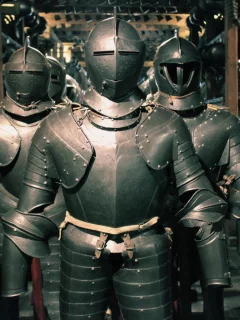 helmet, full armor of battle, leather, metal