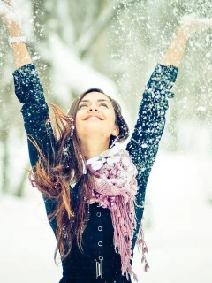 winter, snow, snowfall, girl, smile, brunette, merry