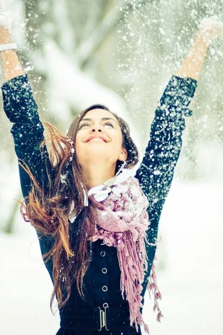 winter, snow, snowfall, girl, smile, brunette, merry