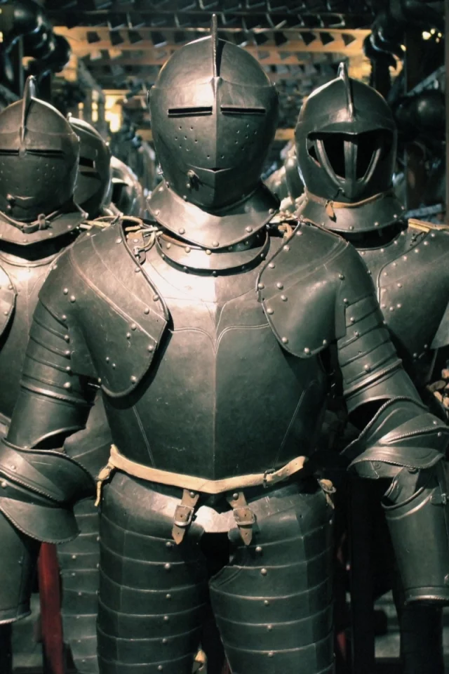 helmet, full armor of battle, leather, metal