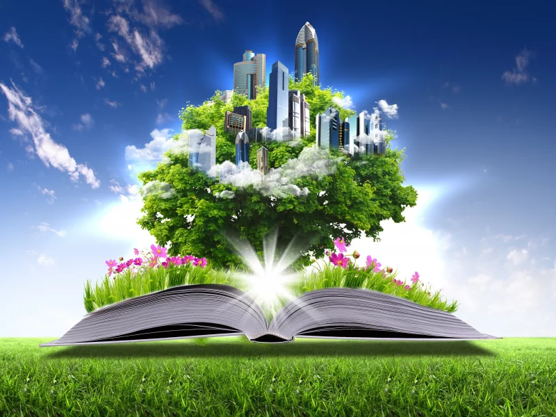 книга, креатив, небоскрёбы, газон, цветы, страницы