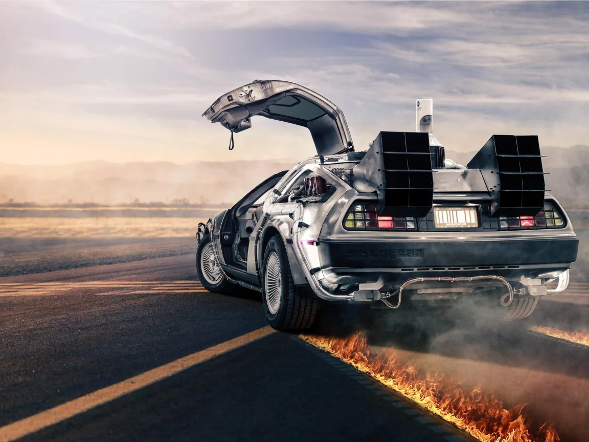 back to the future, road, fire, dmc-12, rear, делориан, delorean, silvery
