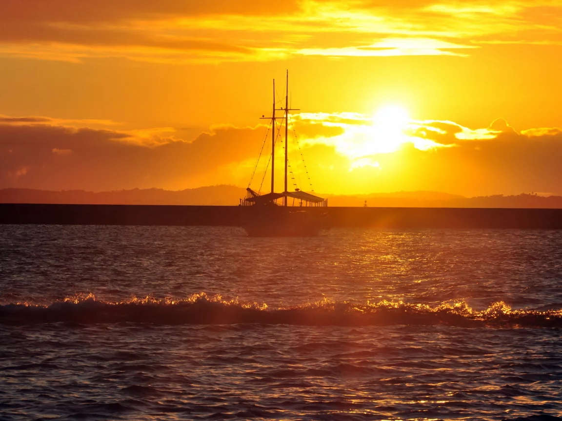 море, пейзаж, корабль, закат