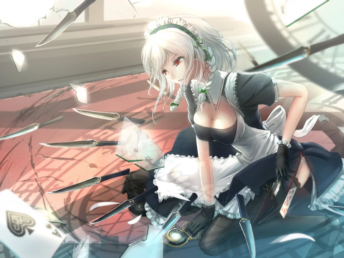 touhou, izayoi sakuya, kikivi, арт, окно, разбитое, осколки, девушка, стекло, часы, ножи