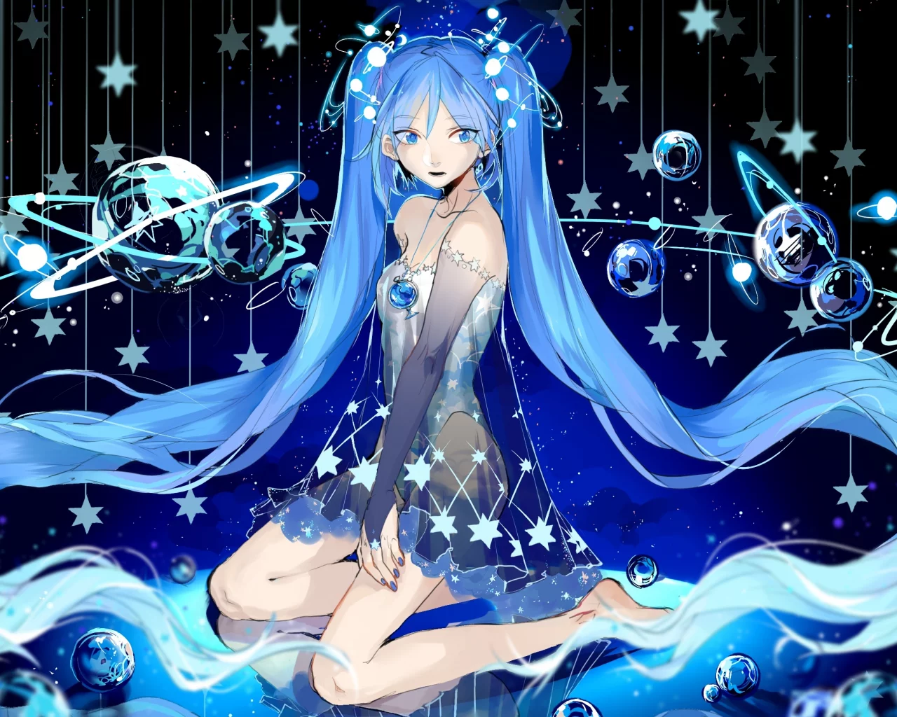 vocaloid, hatsune miku, rrr 627470487, звёзды, планеты, девушка, взгляд