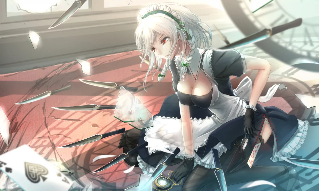 touhou, izayoi sakuya, kikivi, арт, окно, разбитое, осколки, девушка, стекло, часы, ножи