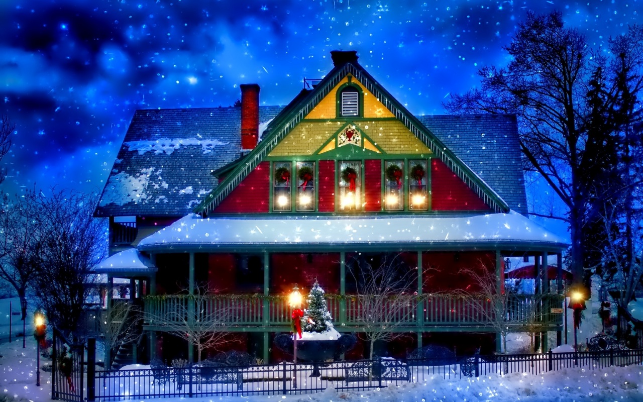 украшения, дом, снег, новый год, зима, праздник, забор