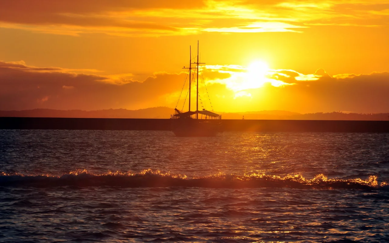 море, пейзаж, корабль, закат