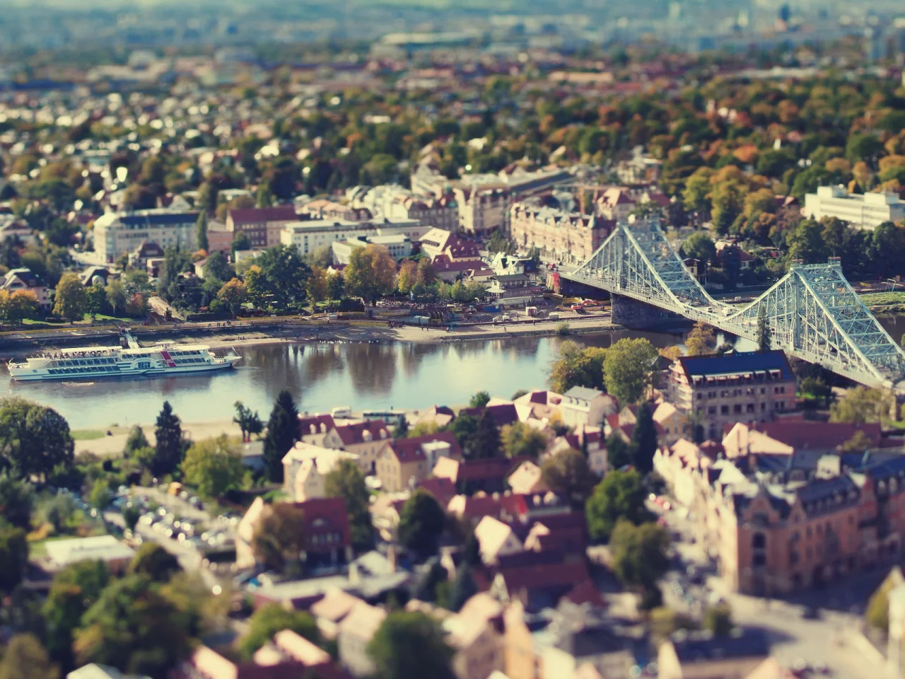 дома, германия, tilt shift, город, река, мост, дрезден, осень