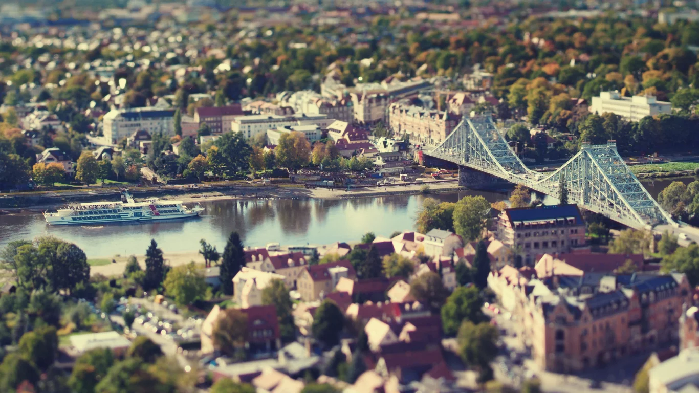 дома, германия, tilt shift, город, река, мост, дрезден, осень