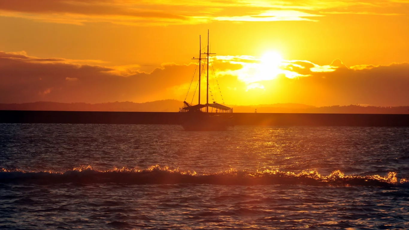 море, пейзаж, корабль, закат