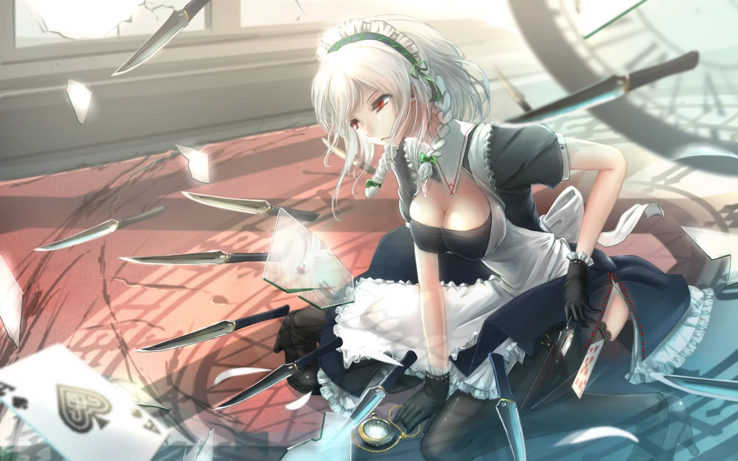 touhou, izayoi sakuya, kikivi, арт, окно, разбитое, осколки, девушка, стекло, часы, ножи