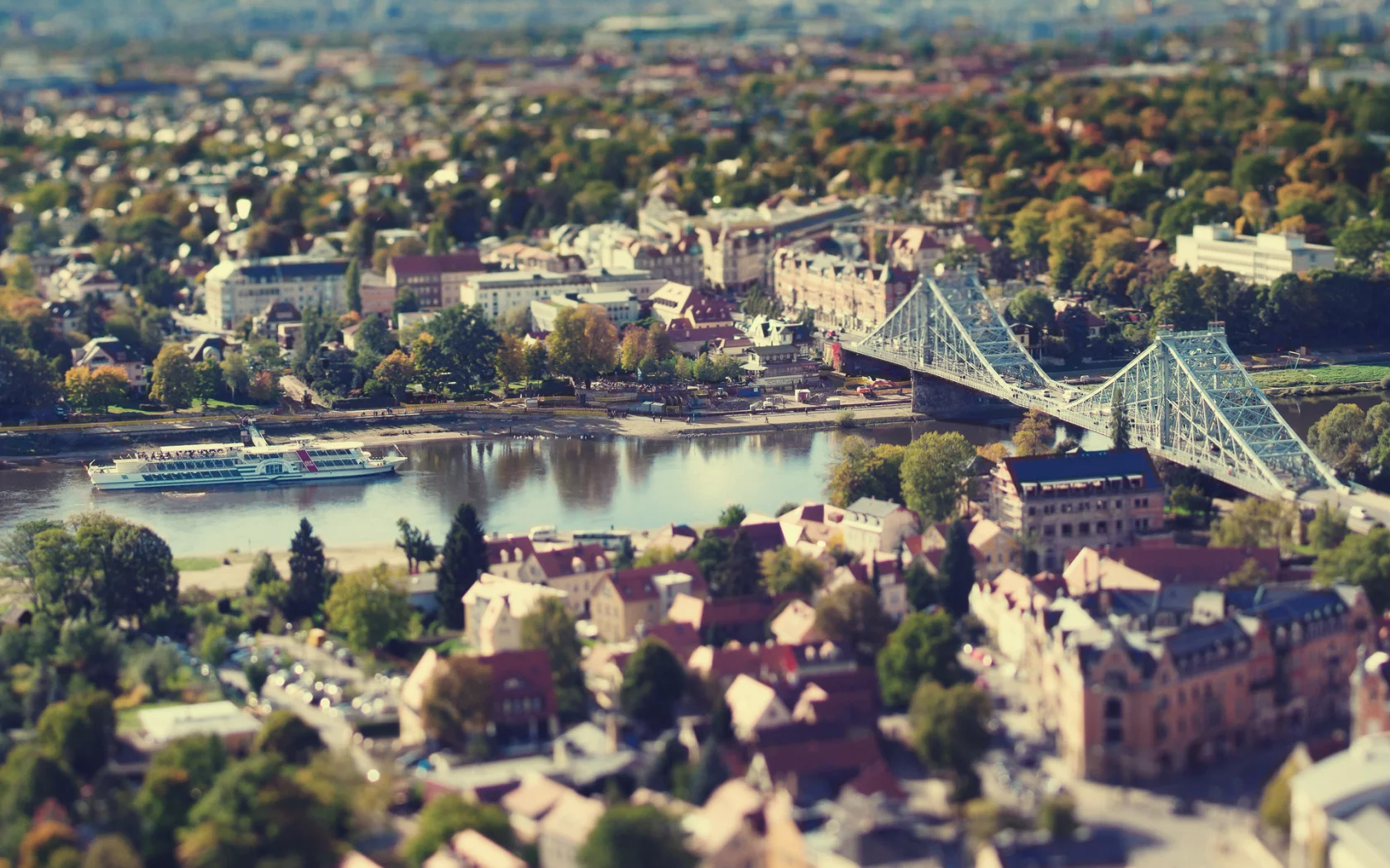 дома, германия, tilt shift, город, река, мост, дрезден, осень