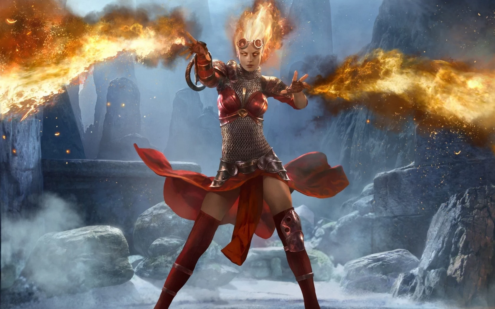 скалы, огонь, девушка, очки, chandra, арт, magic the gathering, mtg