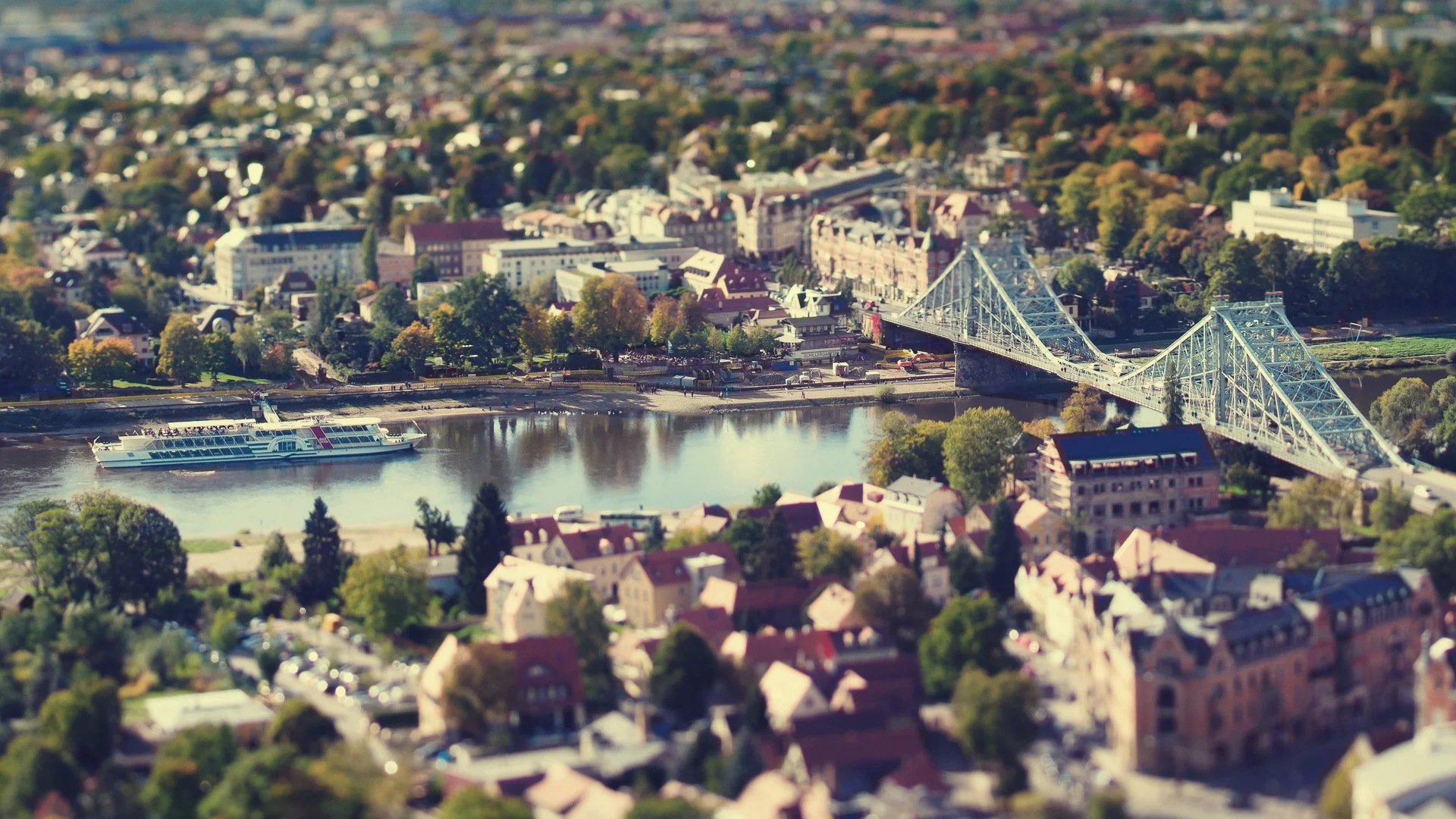 дома, германия, tilt shift, город, река, мост, дрезден, осень