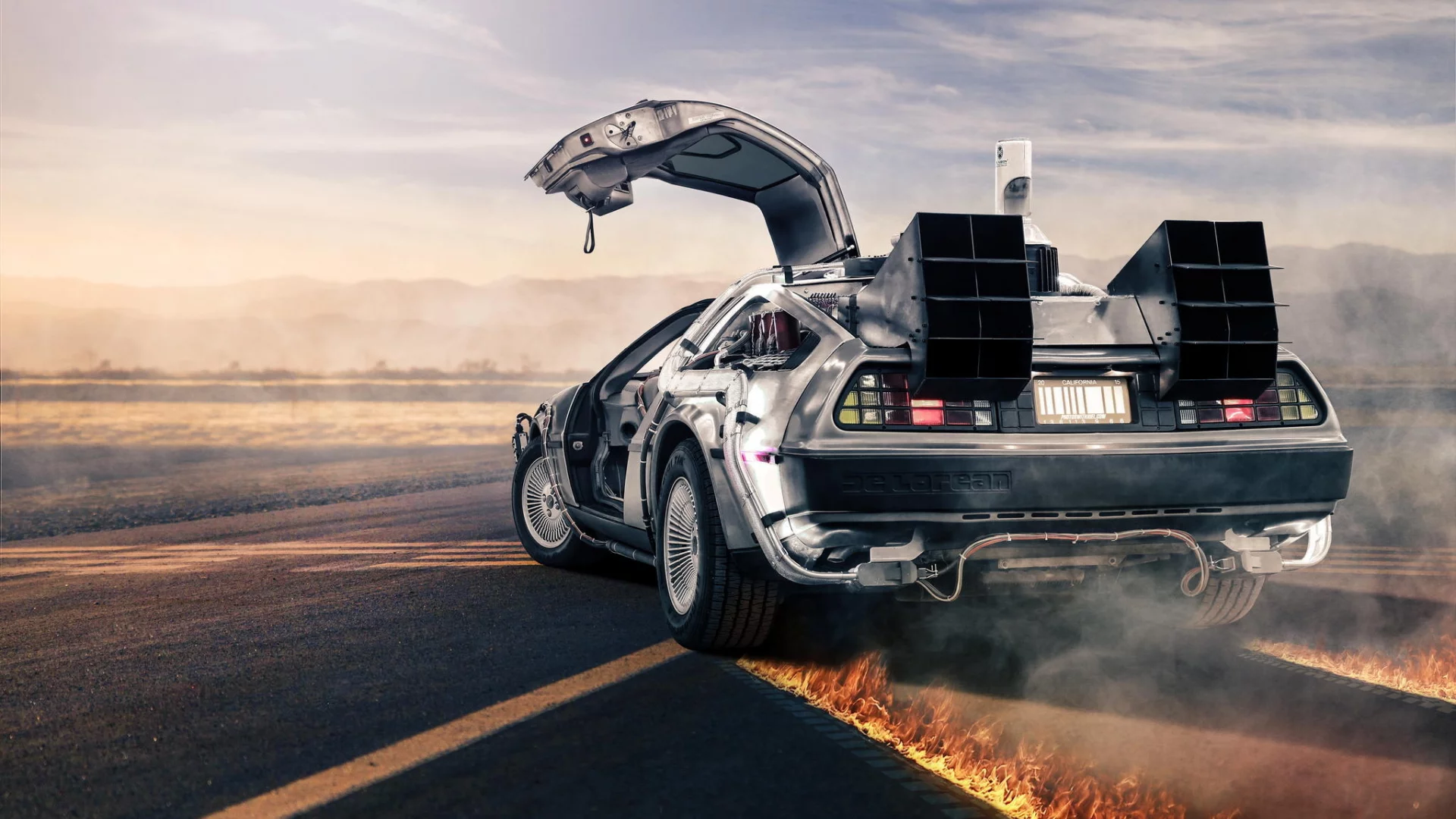 back to the future, road, fire, dmc-12, rear, делориан, delorean, silvery