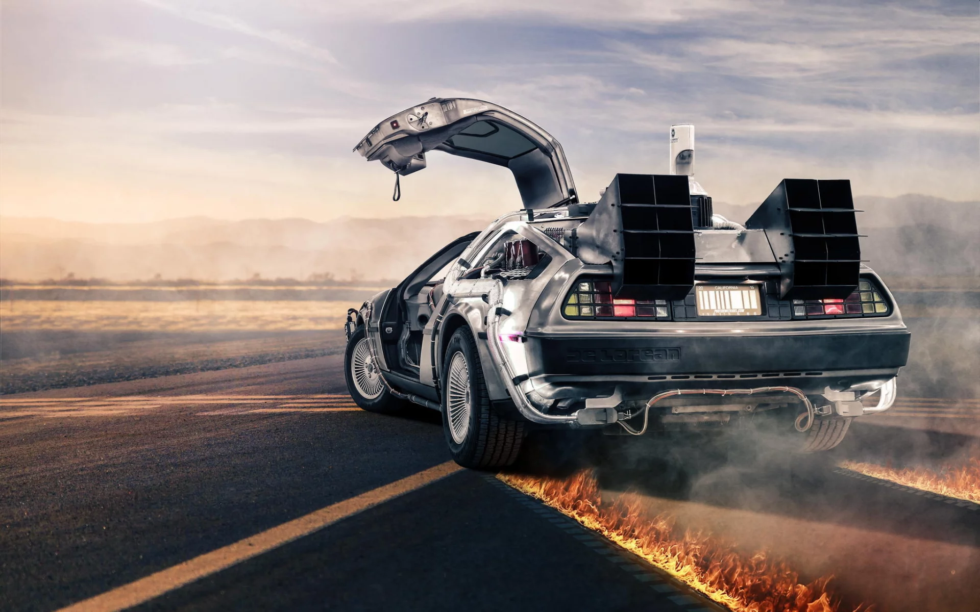 back to the future, road, fire, dmc-12, rear, делориан, delorean, silvery