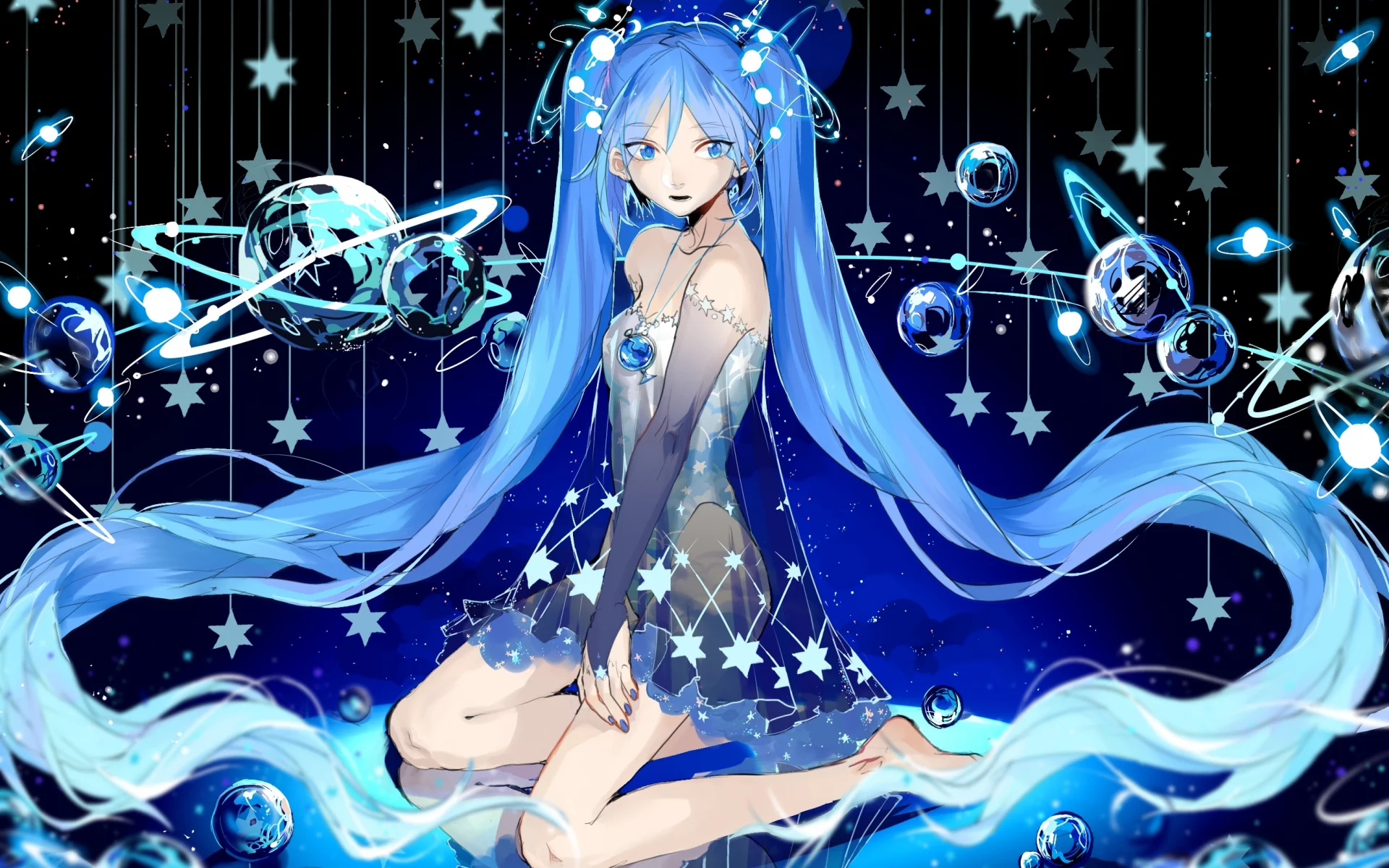 vocaloid, hatsune miku, rrr 627470487, звёзды, планеты, девушка, взгляд