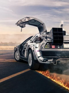 back to the future, road, fire, dmc-12, rear, делориан, delorean, silvery