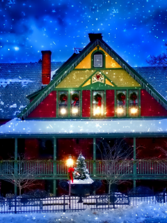 украшения, дом, снег, новый год, зима, праздник, забор