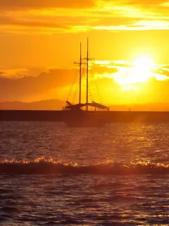 море, пейзаж, корабль, закат
