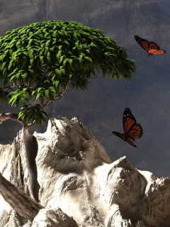 дерево, бабочки, скалы