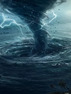 море, шторм, корабли, торнадо, молнии