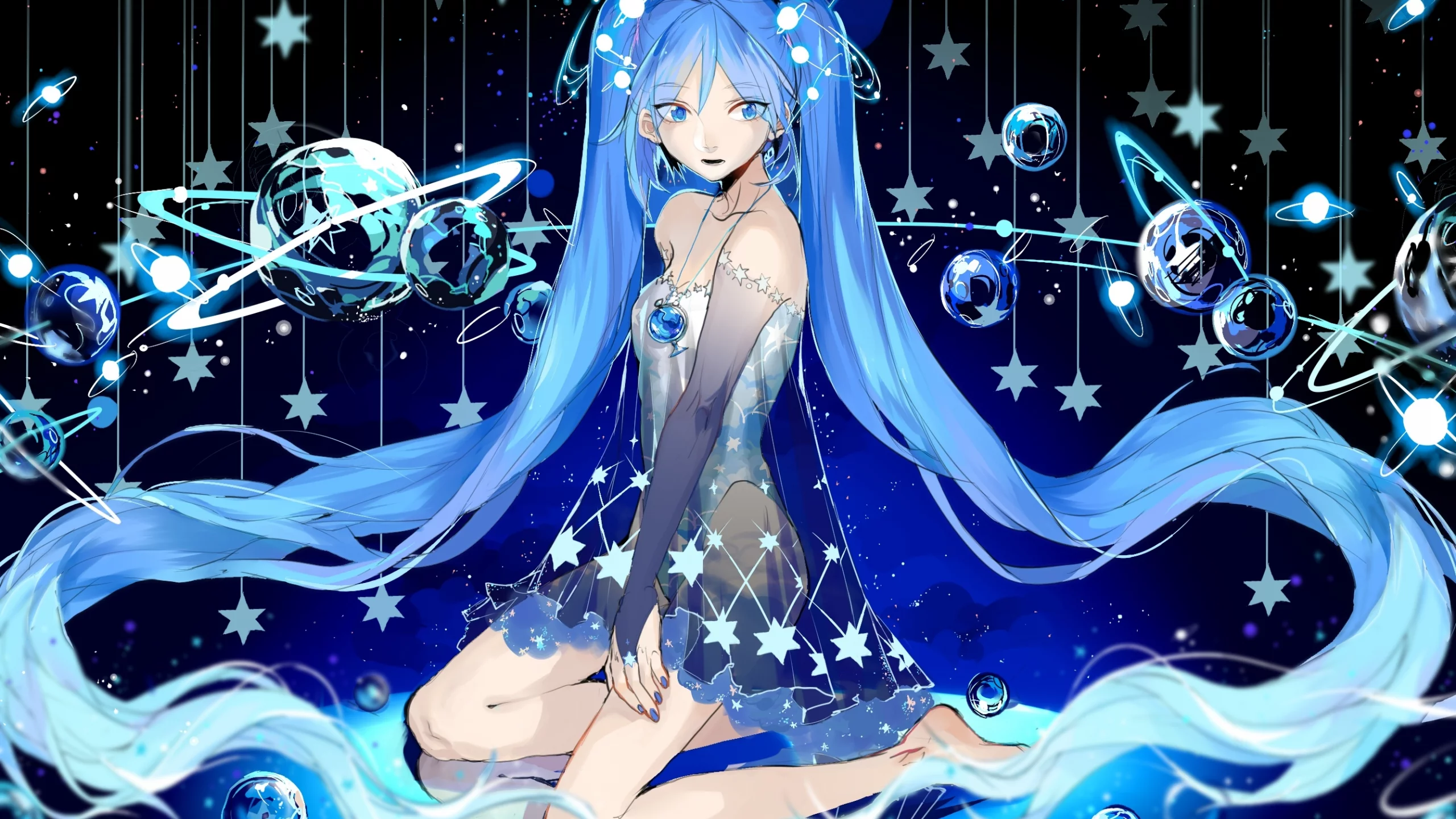 vocaloid, hatsune miku, rrr 627470487, звёзды, планеты, девушка, взгляд