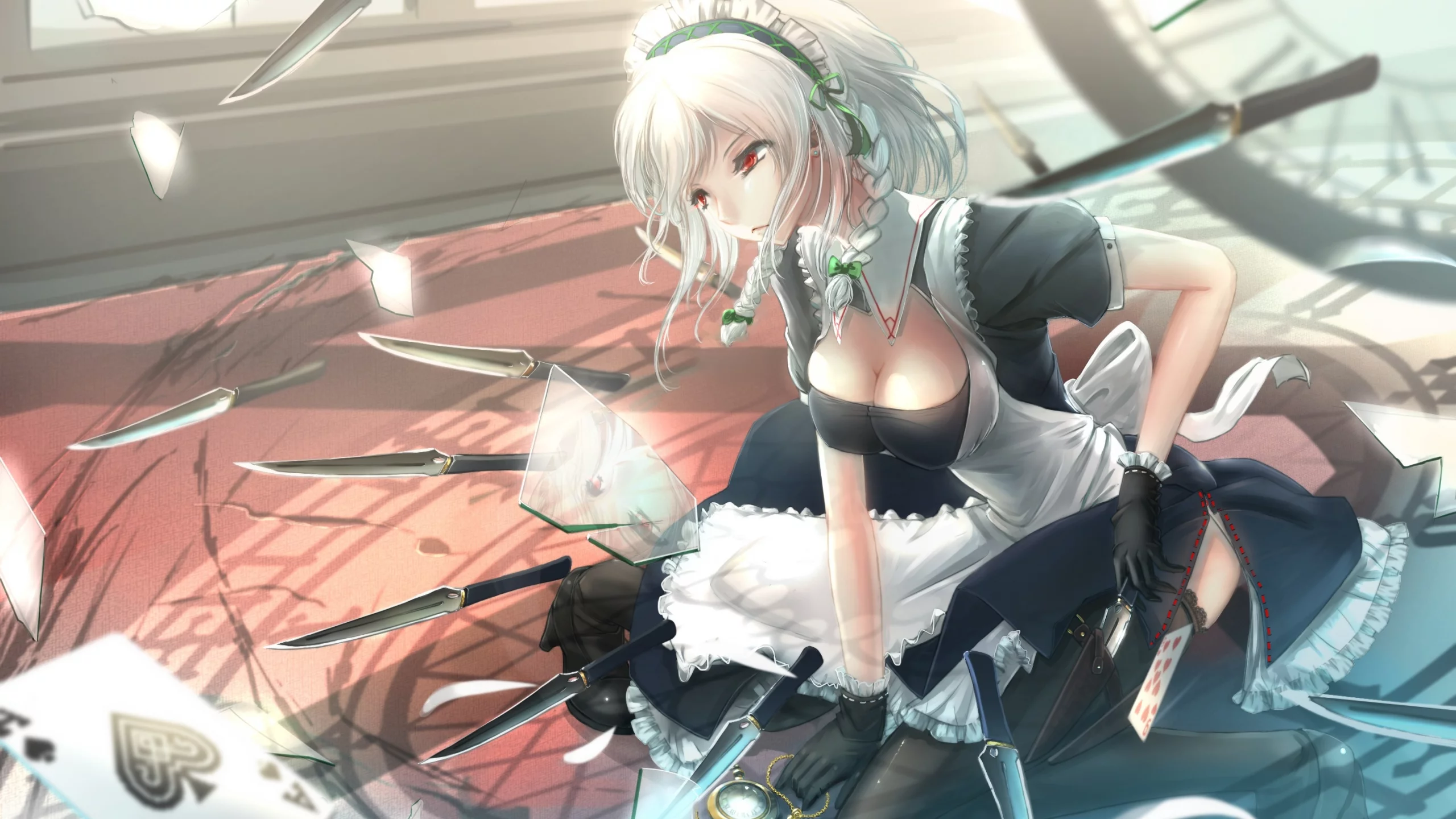 touhou, izayoi sakuya, kikivi, арт, окно, разбитое, осколки, девушка, стекло, часы, ножи