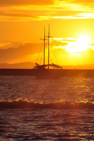 море, пейзаж, корабль, закат