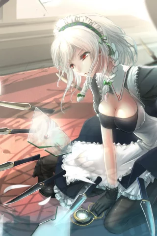 touhou, izayoi sakuya, kikivi, арт, окно, разбитое, осколки, девушка, стекло, часы, ножи