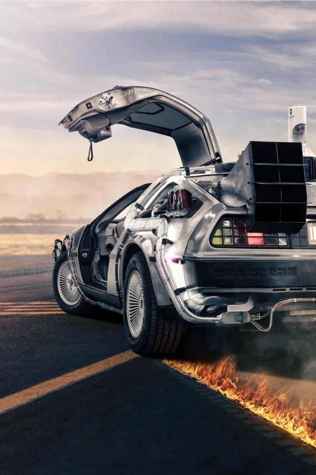 back to the future, road, fire, dmc-12, rear, делориан, delorean, silvery