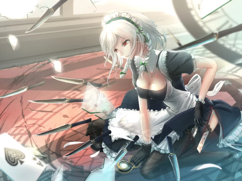 touhou, izayoi sakuya, kikivi, арт, окно, разбитое, осколки, девушка, стекло, часы, ножи