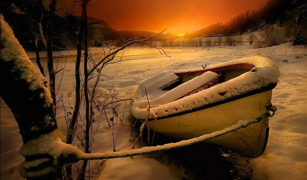 горы, река, пейзаж, закат, природа, лодка, небо, деревья