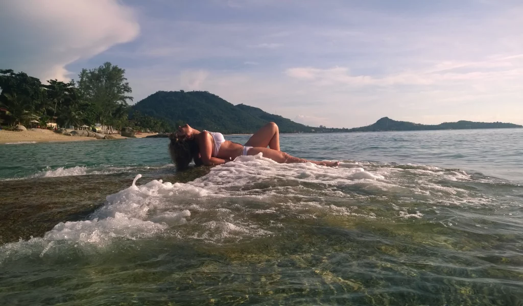 панорама, море, синева, риф, девушка, волна, красиво