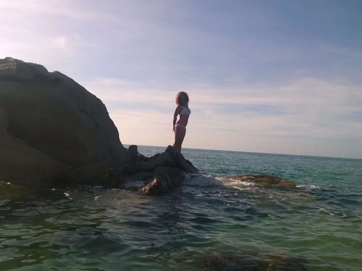 панорама, море, утро, скала, девушка, красиво