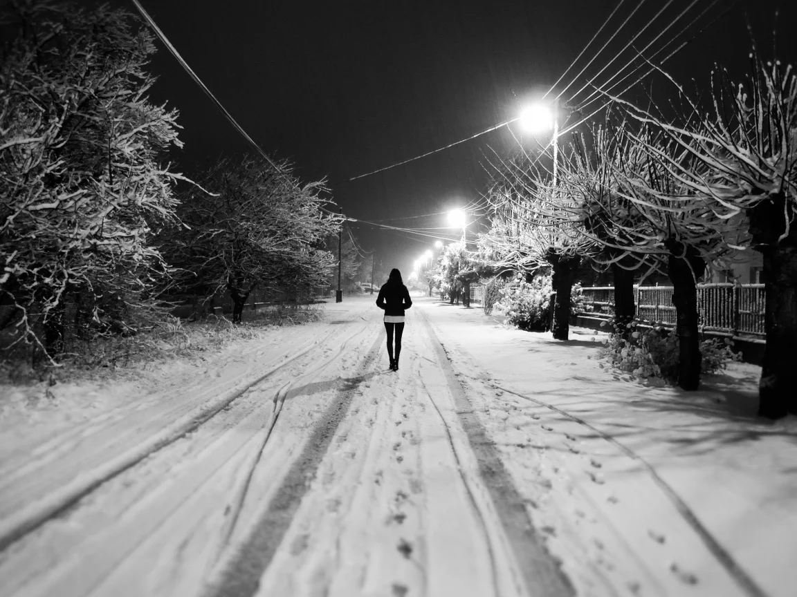улица, девушка, фонари, деревья, белый, зима, снег