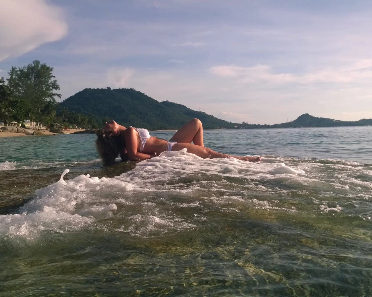 панорама, море, синева, риф, девушка, волна, красиво