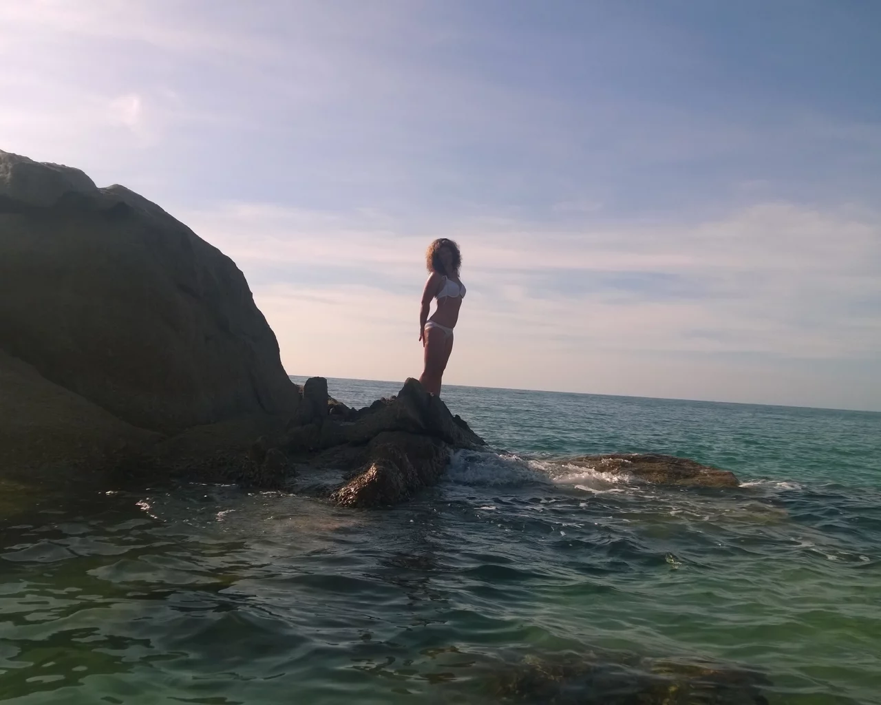 панорама, море, утро, скала, девушка, красиво