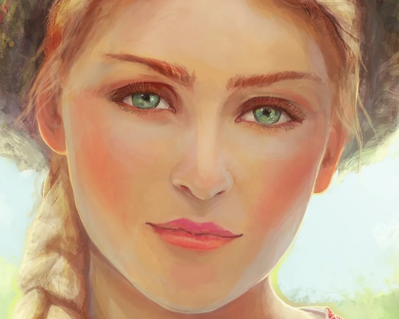 лицо, глаза, живопись, коса, зеленые, green eyes, девушка